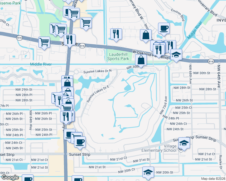 map of restaurants, bars, coffee shops, grocery stores, and more near 25 Northwest 80th Avenue in Sunrise