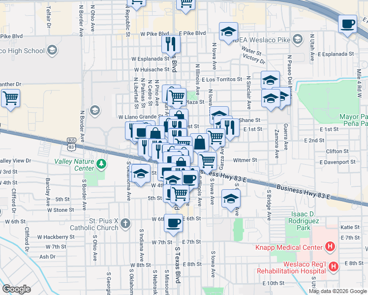 map of restaurants, bars, coffee shops, grocery stores, and more near 161 South Texas Boulevard in Weslaco