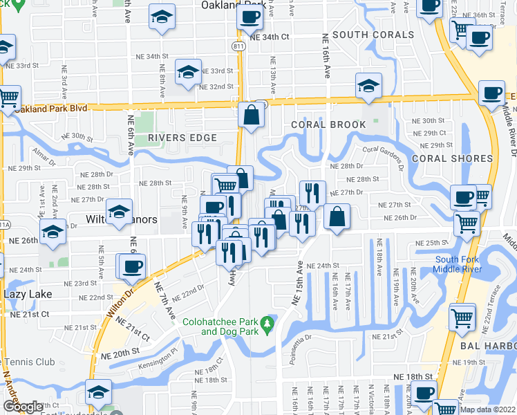 map of restaurants, bars, coffee shops, grocery stores, and more near 2725 Northeast 14th Avenue in Oakland Park