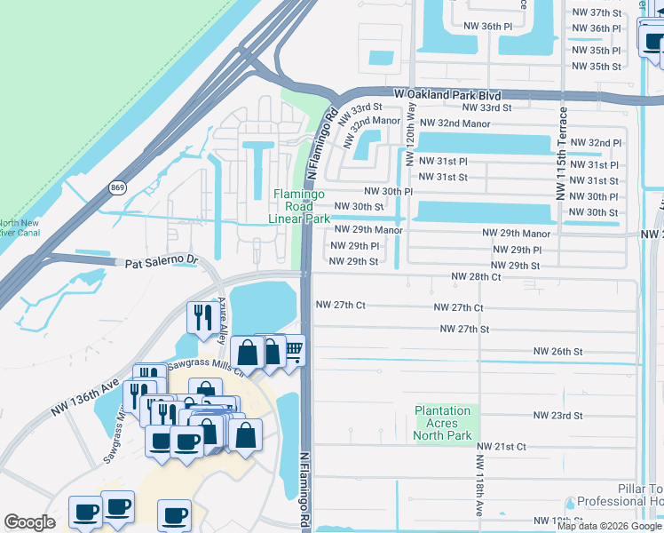 map of restaurants, bars, coffee shops, grocery stores, and more near 12351 Northwest 29th Street in Sunrise