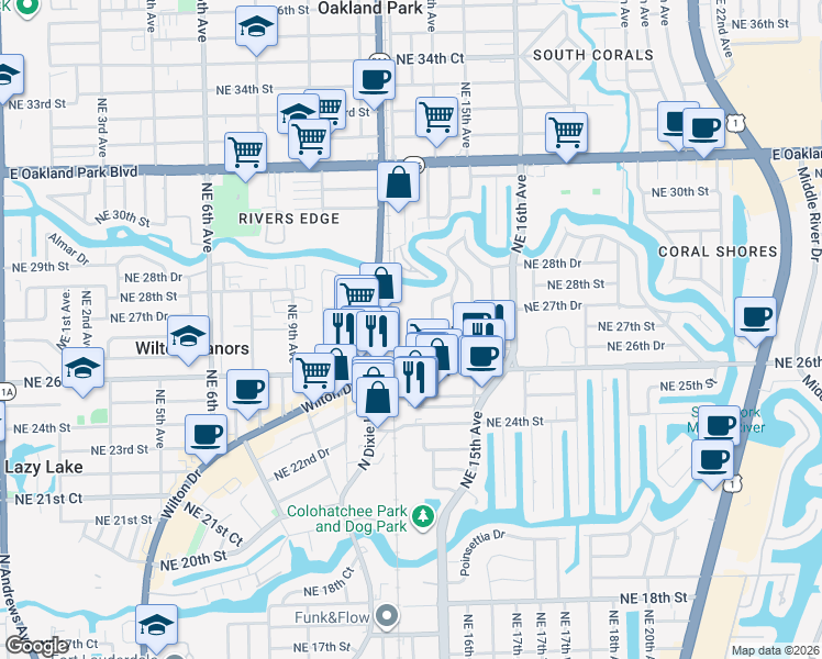 map of restaurants, bars, coffee shops, grocery stores, and more near 2601 Northeast 14th Avenue in Oakland Park