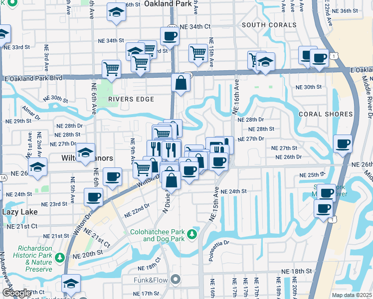 map of restaurants, bars, coffee shops, grocery stores, and more near 2725 Northeast 14th Avenue in Oakland Park