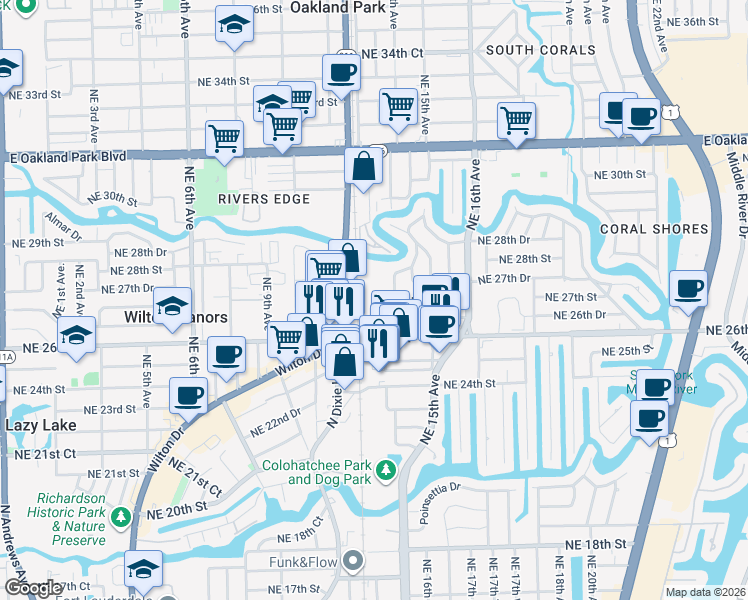 map of restaurants, bars, coffee shops, grocery stores, and more near 2725 Northeast 14th Avenue in Oakland Park