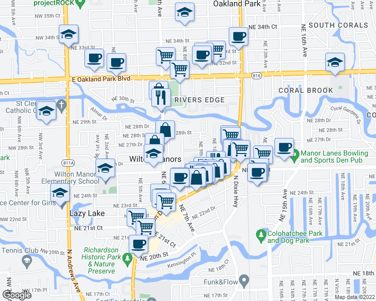 map of restaurants, bars, coffee shops, grocery stores, and more near 2712 Northeast 8th Avenue in Wilton Manors