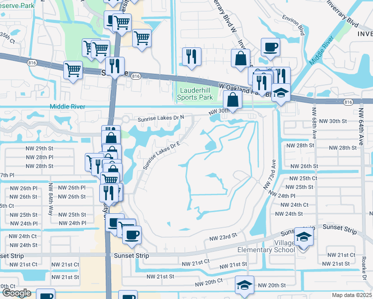 map of restaurants, bars, coffee shops, grocery stores, and more near 25 Northwest 80th Avenue in Sunrise