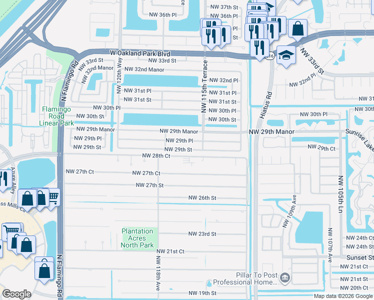 map of restaurants, bars, coffee shops, grocery stores, and more near 11640 Northwest 29th Place in Sunrise