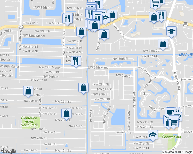 map of restaurants, bars, coffee shops, grocery stores, and more near 10955 Northwest 29th Court in Sunrise