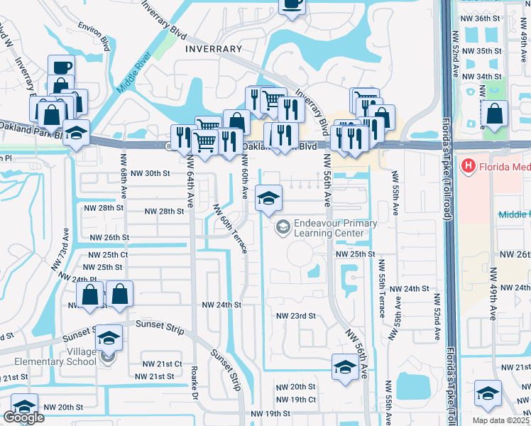 map of restaurants, bars, coffee shops, grocery stores, and more near 2768 Northwest 58th Terrace in Lauderhill