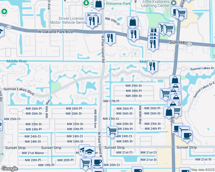 map of restaurants, bars, coffee shops, grocery stores, and more near 2900 North Pine Island Road in Sunrise