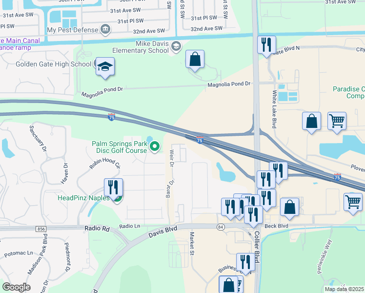 map of restaurants, bars, coffee shops, grocery stores, and more near 8690 Weir Drive in Naples