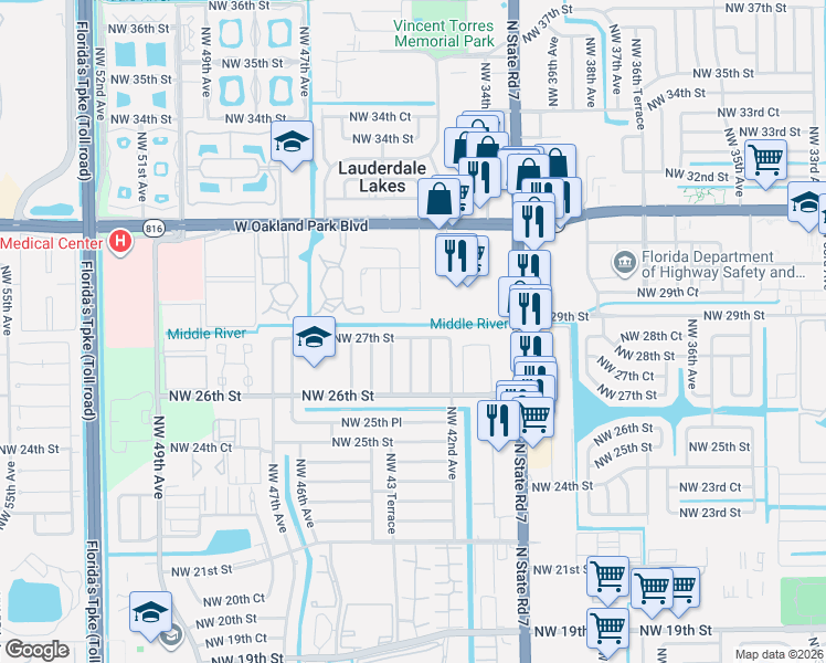 map of restaurants, bars, coffee shops, grocery stores, and more near 4350 Northwest 43 Terrace in Lauderdale Lakes