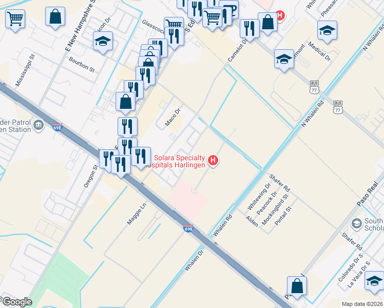 map of restaurants, bars, coffee shops, grocery stores, and more near 1000 Camelot Drive in Harlingen
