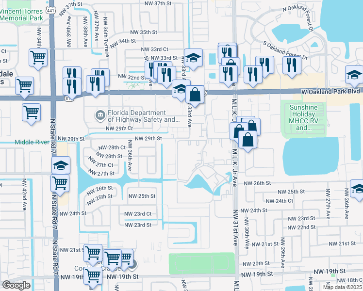 map of restaurants, bars, coffee shops, grocery stores, and more near 2841 Somerset Drive in Lauderdale Lakes
