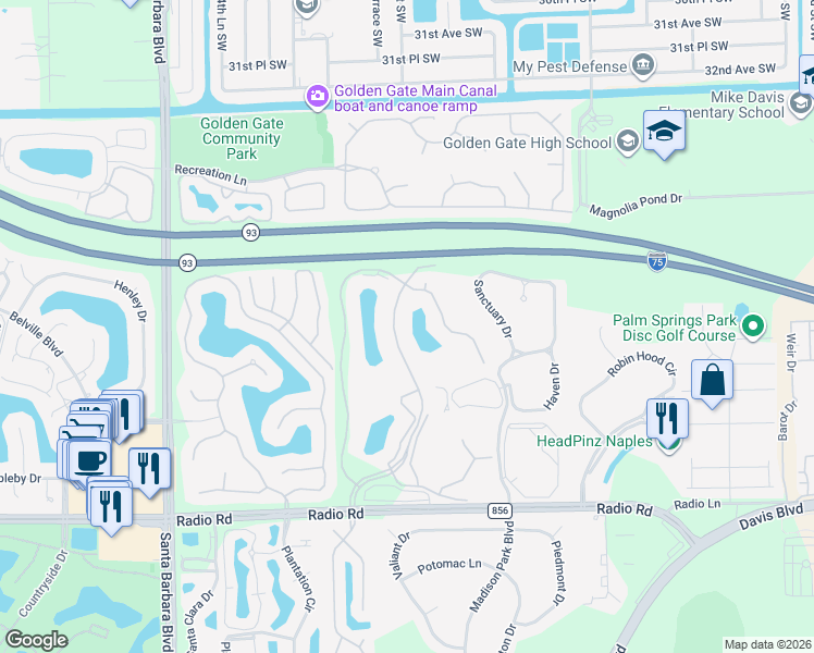 map of restaurants, bars, coffee shops, grocery stores, and more near 550 Gabriel Circle in Naples