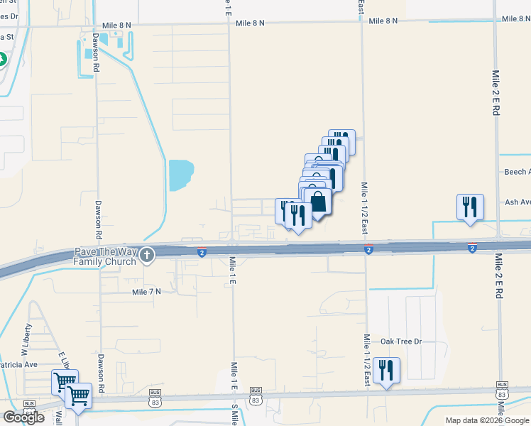 map of restaurants, bars, coffee shops, grocery stores, and more near 144 Palmetto Street in Mercedes