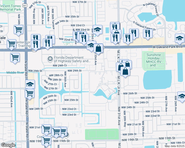 map of restaurants, bars, coffee shops, grocery stores, and more near 2841 Somerset Drive in Lauderdale Lakes