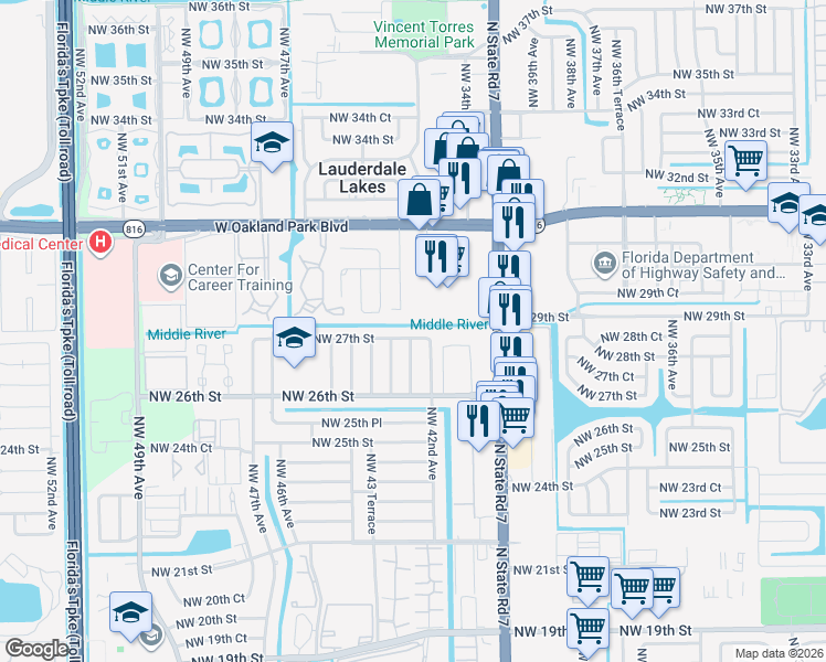 map of restaurants, bars, coffee shops, grocery stores, and more near 4350 Northwest 43 Terrace in Lauderdale Lakes