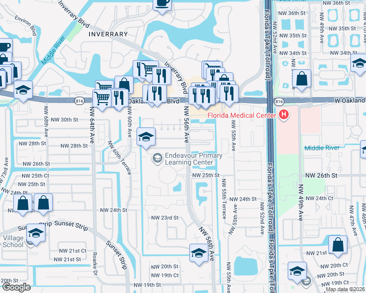 map of restaurants, bars, coffee shops, grocery stores, and more near 5604 Northwest 28th Street in Lauderhill