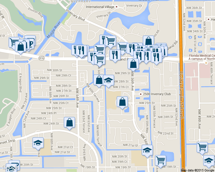 map of restaurants, bars, coffee shops, grocery stores, and more near 2768 Northwest 58th Terrace in Lauderhill