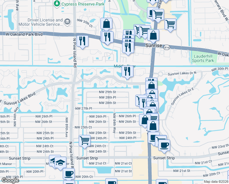 map of restaurants, bars, coffee shops, grocery stores, and more near 8451 Northwest 29th Street in Sunrise