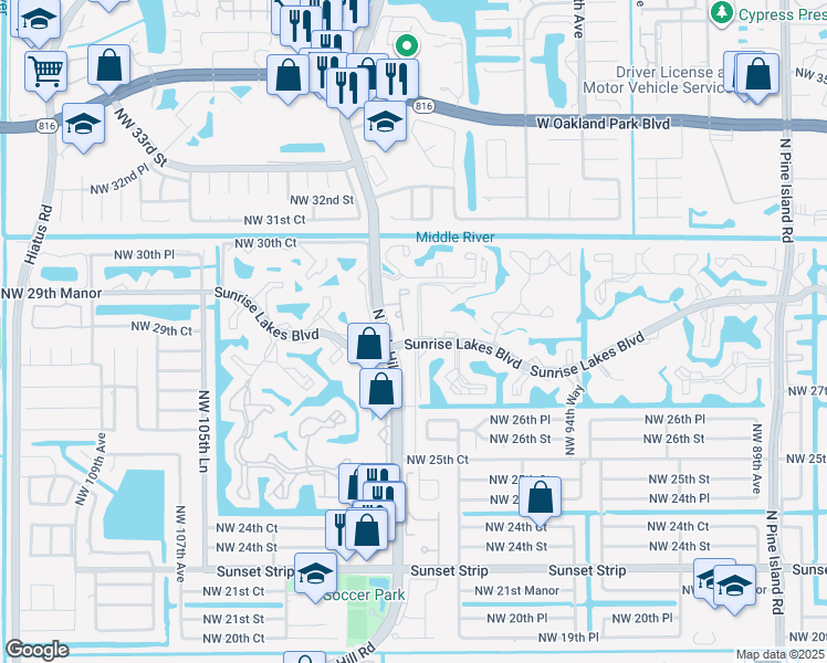 map of restaurants, bars, coffee shops, grocery stores, and more near 9781 Sunrise Lakes Boulevard in Sunrise