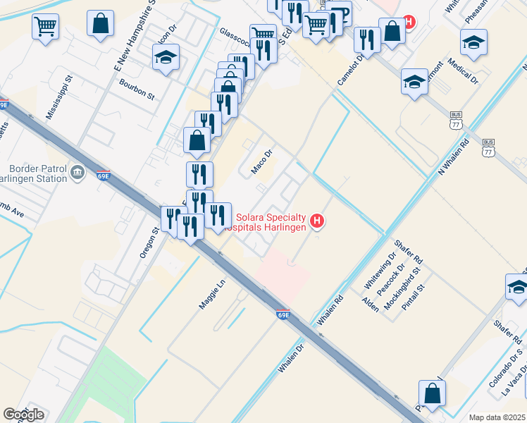 map of restaurants, bars, coffee shops, grocery stores, and more near 6237 Camelot Drive in Harlingen