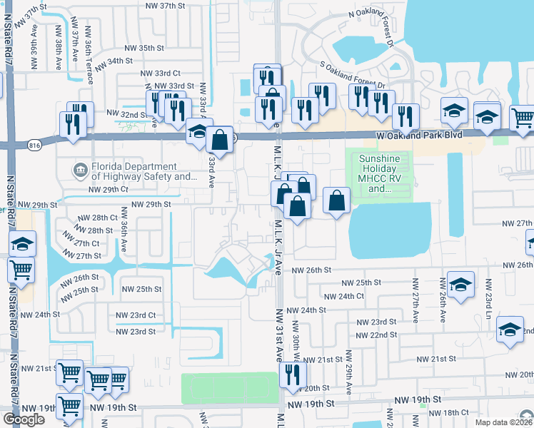 map of restaurants, bars, coffee shops, grocery stores, and more near 3200 Northwest 31st Terrace in Lauderdale Lakes