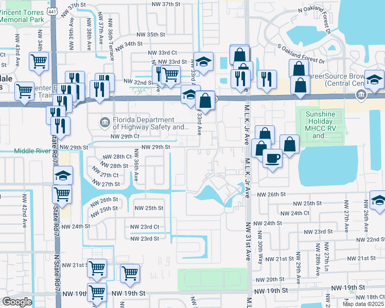 map of restaurants, bars, coffee shops, grocery stores, and more near 2841 Somerset Drive in Lauderdale Lakes
