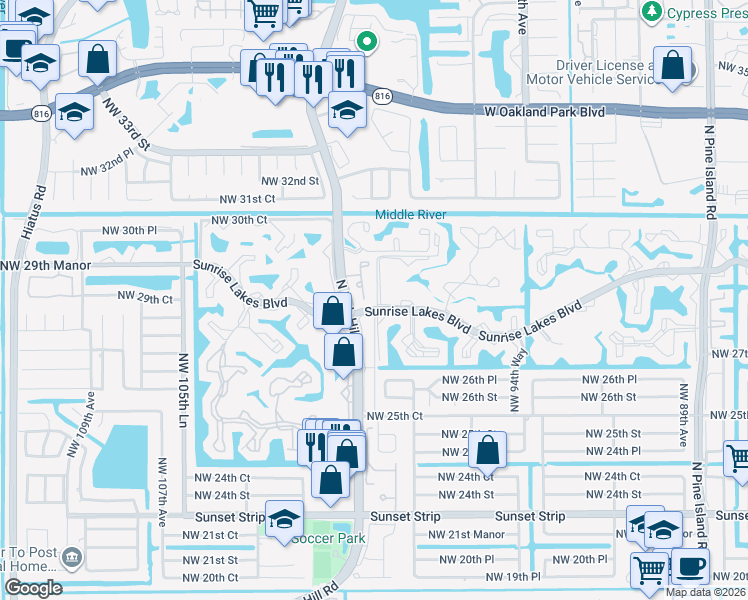 map of restaurants, bars, coffee shops, grocery stores, and more near 9781 Sunrise Lakes Boulevard in Sunrise