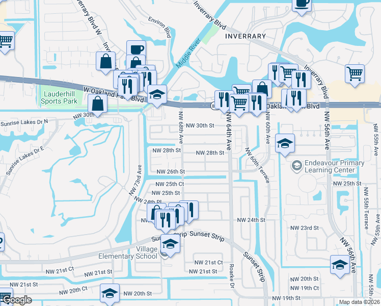 map of restaurants, bars, coffee shops, grocery stores, and more near 6660 Northwest 29th Street in Sunrise