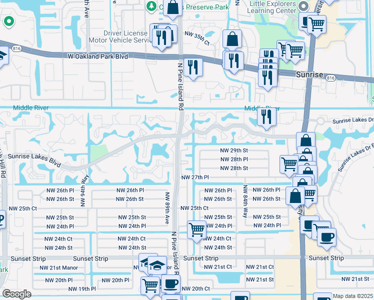 map of restaurants, bars, coffee shops, grocery stores, and more near 2900 North Pine Island Road in Sunrise