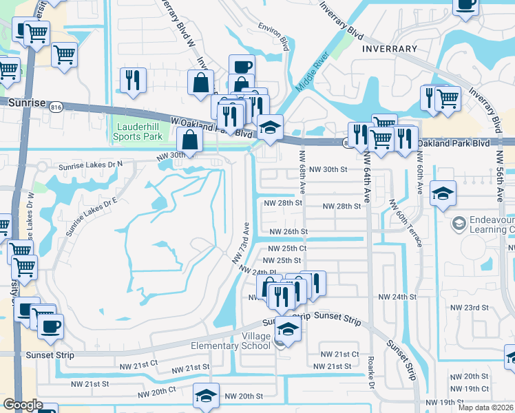 map of restaurants, bars, coffee shops, grocery stores, and more near 2777 Northwest 69th Avenue in Sunrise