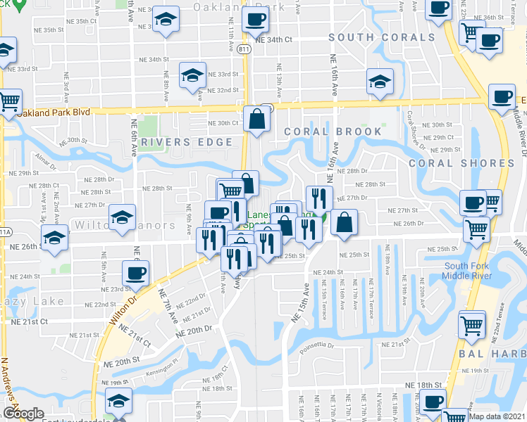 map of restaurants, bars, coffee shops, grocery stores, and more near 2725 Northeast 14th Avenue in Oakland Park