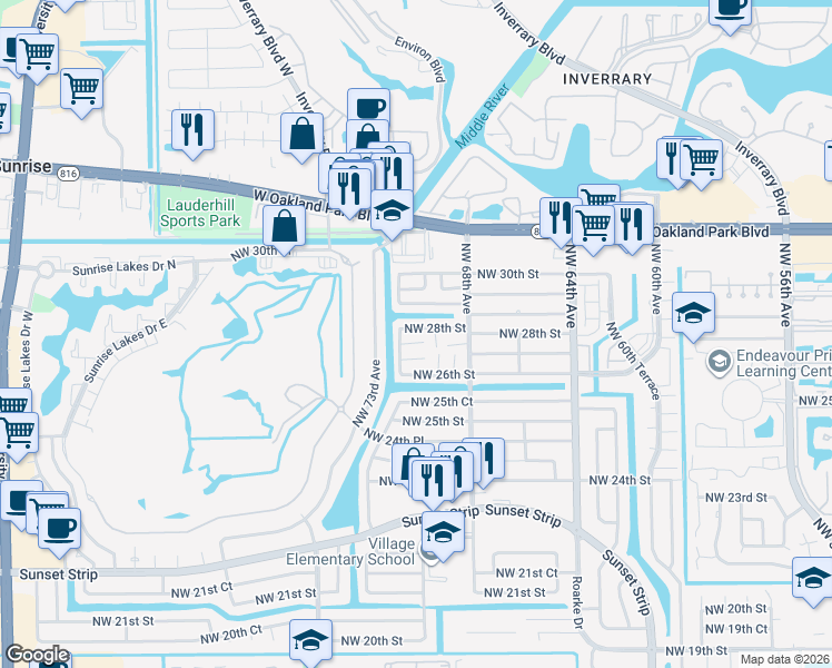 map of restaurants, bars, coffee shops, grocery stores, and more near 6851 Northwest 28th Street in Sunrise