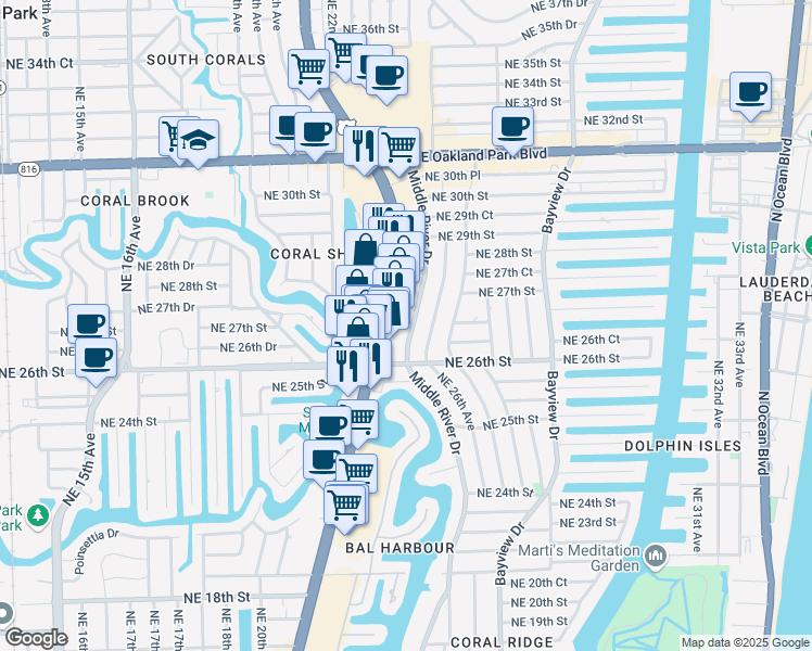 map of restaurants, bars, coffee shops, grocery stores, and more near 2640 Middle River Drive in Fort Lauderdale