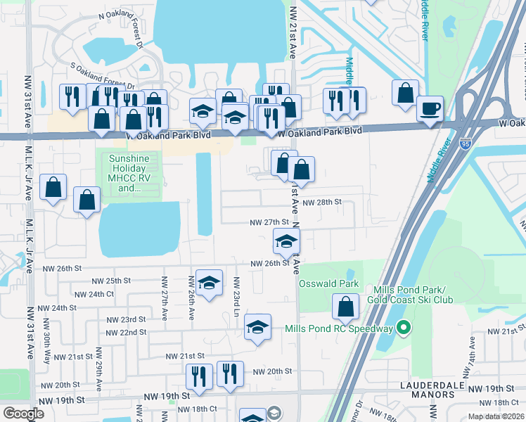 map of restaurants, bars, coffee shops, grocery stores, and more near 2220 Northwest 28th Street in Oakland Park