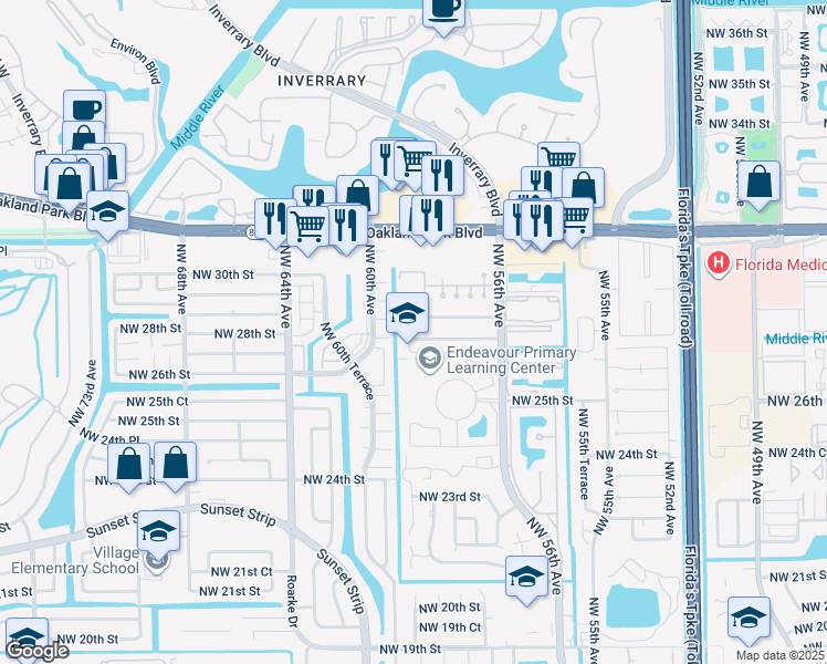 map of restaurants, bars, coffee shops, grocery stores, and more near 2768 Northwest 58th Terrace in Lauderhill