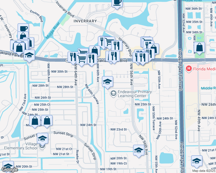 map of restaurants, bars, coffee shops, grocery stores, and more near 2768 Northwest 58th Terrace in Lauderhill