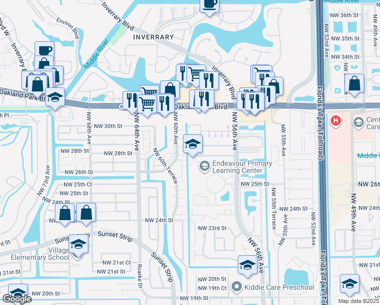 map of restaurants, bars, coffee shops, grocery stores, and more near 2768 Northwest 58th Terrace in Lauderhill