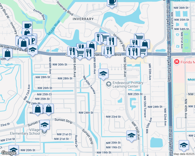 map of restaurants, bars, coffee shops, grocery stores, and more near 5978 Northwest 28th Street in Sunrise