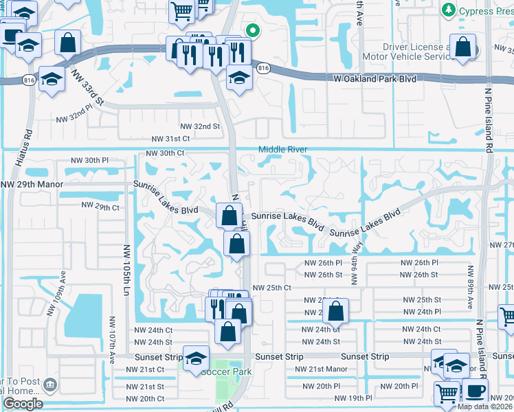 map of restaurants, bars, coffee shops, grocery stores, and more near 9781 Sunrise Lakes Boulevard in Sunrise
