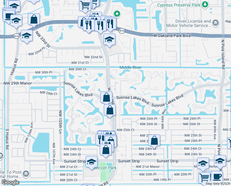 map of restaurants, bars, coffee shops, grocery stores, and more near 2857 Northwest 99th Terrace in Sunrise