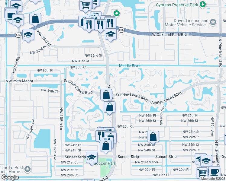 map of restaurants, bars, coffee shops, grocery stores, and more near 2857 Northwest 99th Terrace in Sunrise