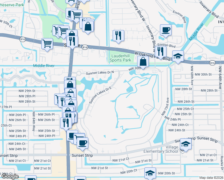map of restaurants, bars, coffee shops, grocery stores, and more near 2998 Sunrise Lakes Drive East in Sunrise