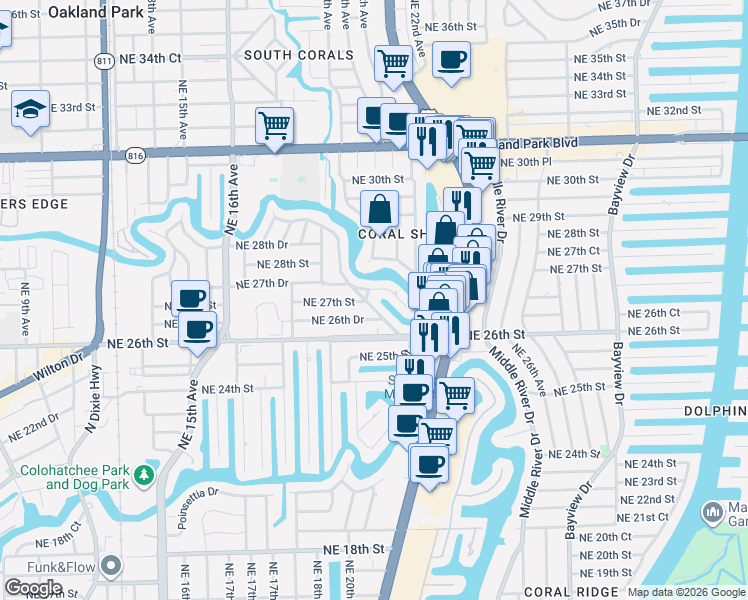 map of restaurants, bars, coffee shops, grocery stores, and more near 2116 Northeast 27th Drive in Wilton Manors