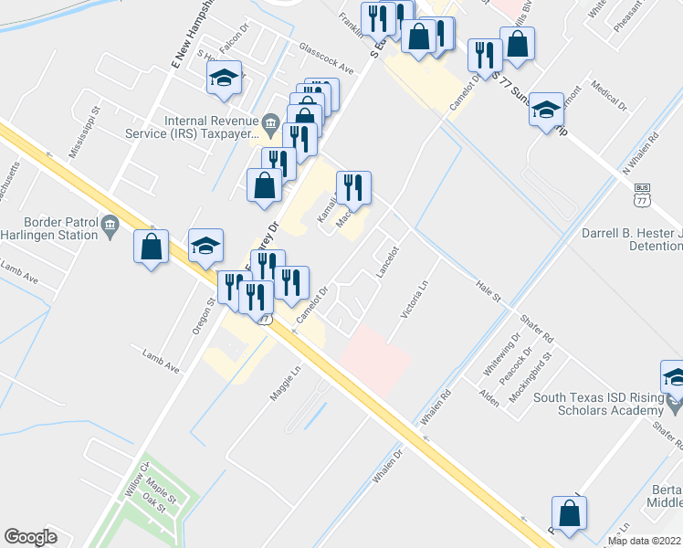 map of restaurants, bars, coffee shops, grocery stores, and more near 6237 Camelot Drive in Harlingen