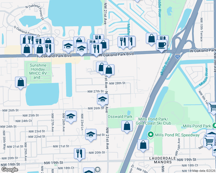 map of restaurants, bars, coffee shops, grocery stores, and more near 2740 Northwest 21st Avenue in Oakland Park