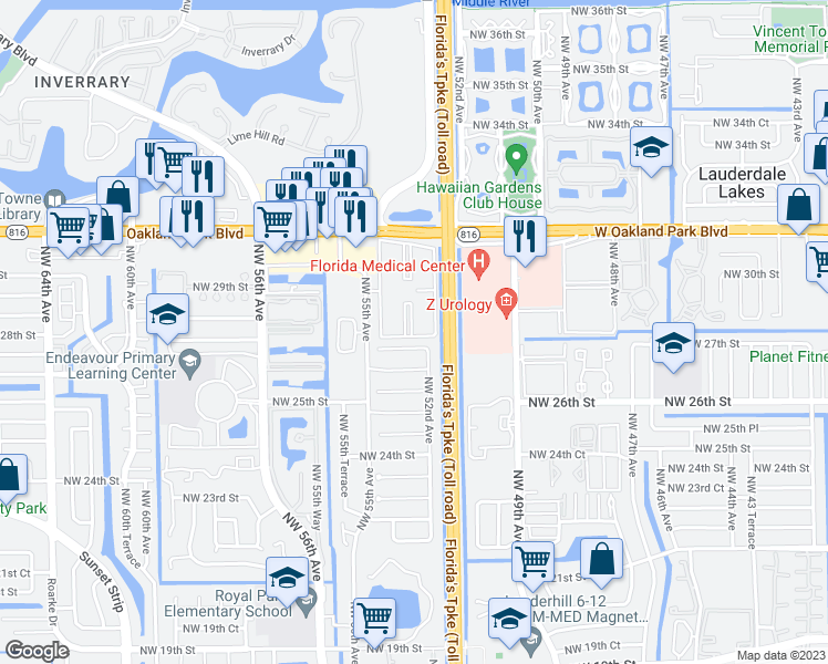 map of restaurants, bars, coffee shops, grocery stores, and more near 2850 Northwest 55th Avenue in Lauderhill