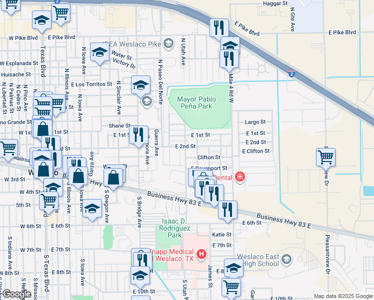 map of restaurants, bars, coffee shops, grocery stores, and more near 201 South Utah Avenue in Weslaco