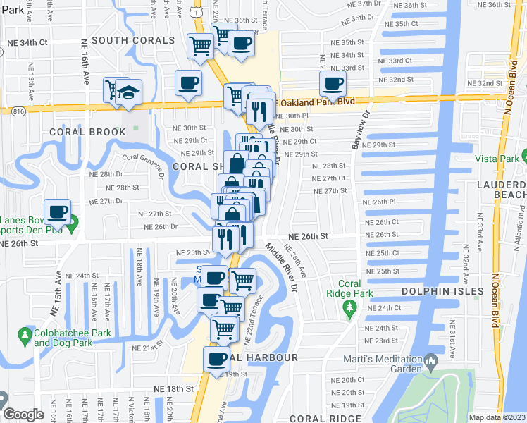 map of restaurants, bars, coffee shops, grocery stores, and more near 2640 Middle River Drive in Fort Lauderdale